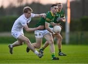 23 April 2024; Liam Kelly of Meath in action against Niall Dolan of Kildare during the EirGrid Leinster GAA Football U20 Championship semi-final match between Kildare and Meath at Manguard Park at the Kildare GAA Centre of Excellence in Hawkfield, Kildare. Photo by Tyler Miller/Sportsfile