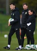 23 April 2024; Republic of Ireland assistant coach Conor Woods with coach Megan Smyth-Lynch, right, and manager Tom Elmes before the women's under 16's international friendly match between Republic of Ireland and Denmark at the FAI National Training Centre in Abbotstown, Dublin. Photo by Stephen McCarthy/Sportsfile