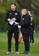 23 April 2024; Republic of Ireland operations manager Evelyn McMullan and manager Tom Elmes before the women's under 16's international friendly match between Republic of Ireland and Denmark at the FAI National Training Centre in Abbotstown, Dublin. Photo by Stephen McCarthy/Sportsfile