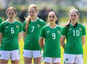 23 April 2024; Republic of Ireland players, from left, Sarah McCaffrey, Aisling Meehan, Ella Kelly and Leah McGrath stand for the playing of the National Anthem before the women's under 16's international friendly match between Republic of Ireland and Denmark at the FAI National Training Centre in Abbotstown, Dublin. Photo by Stephen McCarthy/Sportsfile