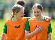 23 April 2024; Madison McGuane, left, and Abigail Bradshaw of Republic of Ireland before the women's under 16's international friendly match between Republic of Ireland and Denmark at the FAI National Training Centre in Abbotstown, Dublin. Photo by Stephen McCarthy/Sportsfile