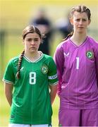 23 April 2024; Republic of Ireland's Aoife Sheridan, left, and Jenna Willoughby before the women's under 16's international friendly match between Republic of Ireland and Denmark at the FAI National Training Centre in Abbotstown, Dublin. Photo by Stephen McCarthy/Sportsfile