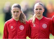 23 April 2024; Denmark players Ida Skræddergaard Philipsen and Frida Danielsson, right, before the women's under 16's international friendly match between Republic of Ireland and Denmark at the FAI National Training Centre in Abbotstown, Dublin. Photo by Stephen McCarthy/Sportsfile