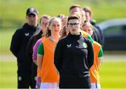 23 April 2024; Republic of Ireland kit manager Jessica Turner stands for the playing of the National Anthem before the women's under 16's international friendly match between Republic of Ireland and Denmark at the FAI National Training Centre in Abbotstown, Dublin. Photo by Stephen McCarthy/Sportsfile