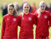 23 April 2024; Denmark players, from left, Ida Skræddergaard Philipsen, Frida Danielsson and Mathilde Brandt before the women's under 16's international friendly match between Republic of Ireland and Denmark at the FAI National Training Centre in Abbotstown, Dublin. Photo by Stephen McCarthy/Sportsfile