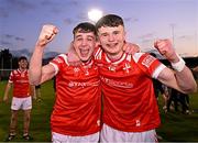 23 April 2024; Louth players Tadhg McDonnell and Darragh Dorian celebrate after their side's victory in the EirGrid Leinster GAA Football U20 Championship semi-final match between Dublin and Louth at Parnell Park in Dublin. Photo by Sam Barnes/Sportsfile