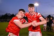23 April 2024; Darragh Dorian, left, and Dara McDonnell of Louth celebrate after their side's victory in the EirGrid Leinster GAA Football U20 Championship semi-final match between Dublin and Louth at Parnell Park in Dublin. Photo by Sam Barnes/Sportsfile