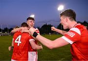 23 April 2024; Louth players celebrate after their side's victory in the EirGrid Leinster GAA Football U20 Championship semi-final match between Dublin and Louth at Parnell Park in Dublin. Photo by Sam Barnes/Sportsfile