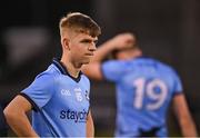 23 April 2024; Karl Flynn of Dublin dejected after his side's defeat in the EirGrid Leinster GAA Football U20 Championship semi-final match between Dublin and Louth at Parnell Park in Dublin. Photo by Sam Barnes/Sportsfile