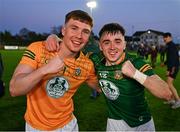 23 April 2024; Meath goalkeeper Oisín McDermott, left, and team-mate Hughie Corcoran celebrate after the EirGrid Leinster GAA Football U20 Championship semi-final match between Kildare and Meath at Manguard Park at the Kildare GAA Centre of Excellence in Hawkfield, Kildare. Photo by Tyler Miller/Sportsfile