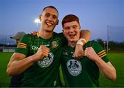 23 April 2024; John O'Regan of Meath, left, and team-mate Sean O'Hare celebrate after the EirGrid Leinster GAA Football U20 Championship semi-final match between Kildare and Meath at Manguard Park at the Kildare GAA Centre of Excellence in Hawkfield, Kildare. Photo by Tyler Miller/Sportsfile