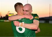 23 April 2024; Eamonn Armstrong of Meath, right, and team-mate John O'Regan celebrate after the EirGrid Leinster GAA Football U20 Championship semi-final match between Kildare and Meath at Manguard Park at the Kildare GAA Centre of Excellence in Hawkfield, Kildare. Photo by Tyler Miller/Sportsfile