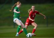 23 April 2024; Aisling Meehan of Republic of Ireland in action against Sophia Parkegaard of Denmark during the women's under 16's international friendly match between Republic of Ireland and Denmark at the FAI National Training Centre in Abbotstown, Dublin. Photo by Stephen McCarthy/Sportsfile