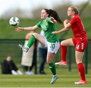 23 April 2024; Leah McGrath of Republic of Ireland in action against Marie Dahlmann of Denmark during the women's under 16's international friendly match between Republic of Ireland and Denmark at the FAI National Training Centre in Abbotstown, Dublin. Photo by Stephen McCarthy/Sportsfile