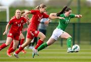 23 April 2024; Leah McGrath of Republic of Ireland in action against Ida Skræddergaard Philipsen of Denmark during the women's under 16's international friendly match between Republic of Ireland and Denmark at the FAI National Training Centre in Abbotstown, Dublin. Photo by Stephen McCarthy/Sportsfile
