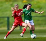 23 April 2024; Aoife Colbert-Martin of Republic of Ireland in action against Ida Skræddergaard Philipsen of Denmark during the women's under 16's international friendly match between Republic of Ireland and Denmark at the FAI National Training Centre in Abbotstown, Dublin. Photo by Stephen McCarthy/Sportsfile