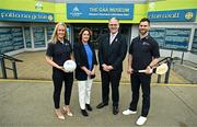 24 April 2024: In attendance at the launch of the Bord Gáis Energy GAA Legends Tour Series of Croke Park for 2024 are, from left, Cork football legend Brid Stack, Bord Gáis Energy Director of Energy, Marketing & Data Catherine Lonergan, Uachtarán Chumann Lúthchleas Gael Jarlath Burns and Antrim hurling legend Neil MacManus. After over a decade of partnership the Bord Gáis Energy Legends Tour Series of Croke Park returns once again for 2024 and includes a star-studded line up of Gaelic Games players. For a full schedule of the Bord Gáis Energy GAA Legends Tour Series of Croke Park and details of how to book a place on a tour, visit crokepark.ie/legends. Booking is essential as the tours sell out quickly. Photo by Sam Barnes/Sportsfile