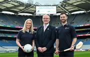 24 April 2024: In attendance at the launch of the Bord Gáis Energy GAA Legends Tour Series of Croke Park for 2024 are, from left, Cork football legend Brid Stack, Uachtarán Chumann Lúthchleas Gael Jarlath Burns and Antrim hurling legend Neil MacManus. After over a decade of partnership the Bord Gáis Energy Legends Tour Series of Croke Park returns once again for 2024 and includes a star-studded line up of Gaelic Games players. For a full schedule of the Bord Gáis Energy GAA Legends Tour Series of Croke Park and details of how to book a place on a tour, visit crokepark.ie/legends. Booking is essential as the tours sell out quickly. Photo by Sam Barnes/Sportsfile