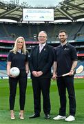 24 April 2024: In attendance at the launch of the Bord Gáis Energy GAA Legends Tour Series of Croke Park for 2024 are, from left, Cork football legend Brid Stack, Uachtarán Chumann Lúthchleas Gael Jarlath Burns and Antrim hurling legend Neil MacManus. After over a decade of partnership the Bord Gáis Energy Legends Tour Series of Croke Park returns once again for 2024 and includes a star-studded line up of Gaelic Games players. For a full schedule of the Bord Gáis Energy GAA Legends Tour Series of Croke Park and details of how to book a place on a tour, visit crokepark.ie/legends. Booking is essential as the tours sell out quickly. Photo by Sam Barnes/Sportsfile