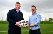 24 April 2024; LOI Development Manager Will Clarke, left, and FAI Assistant Director of Football Shane Robinson pose for a portrait after an EA Sports LOI Academy Media Briefing at FAI Headquarters in Abbotstown, Dublin. Photo by Tyler Miller/Sportsfile