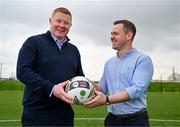 24 April 2024; LOI Development Manager Will Clarke, left, and FAI Assistant Director of Football Shane Robinson pose for a portrait after an EA Sports LOI Academy Media Briefing at FAI Headquarters in Abbotstown, Dublin. Photo by Tyler Miller/Sportsfile