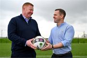 24 April 2024; LOI Development Manager Will Clarke, left, and FAI Assistant Director of Football Shane Robinson pose for a portrait after an EA Sports LOI Academy Media Briefing at FAI Headquarters in Abbotstown, Dublin. Photo by Tyler Miller/Sportsfile