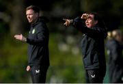 23 April 2024; Republic of Ireland coach Megan Smyth-Lynch, right, and manager Tom Elmes during the women's under 16's international friendly match between Republic of Ireland and Denmark at the FAI National Training Centre in Abbotstown, Dublin. Photo by Stephen McCarthy/Sportsfile