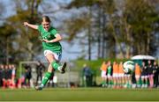 23 April 2024; Madison McGuane of Republic of Ireland takes a penalty in the penalty shoot-out of the the women's under 16's international friendly match between Republic of Ireland and Denmark at the FAI National Training Centre in Abbotstown, Dublin. Photo by Stephen McCarthy/Sportsfile