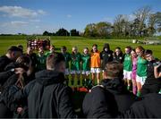 23 April 2024; Republic of Ireland players and staff huddle after the women's under 16's international friendly match between Republic of Ireland and Denmark at the FAI National Training Centre in Abbotstown, Dublin. Photo by Stephen McCarthy/Sportsfile