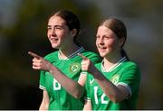 23 April 2024; Sarah McCaffrey, left, and Abigail Bradshaw of Republic of Ireland after the women's under 16's international friendly match between Republic of Ireland and Denmark at the FAI National Training Centre in Abbotstown, Dublin. Photo by Stephen McCarthy/Sportsfile