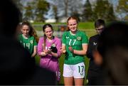 23 April 2024; Republic of Ireland players, from left, Aibhlinn Cotter, Laura Fanning and Aoife Fennell after the women's under 16's international friendly match between Republic of Ireland and Denmark at the FAI National Training Centre in Abbotstown, Dublin. Photo by Stephen McCarthy/Sportsfile
