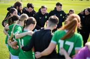 23 April 2024; Republic of Ireland manager Tom Elmes speaks to players and staff after the women's under 16's international friendly match between Republic of Ireland and Denmark at the FAI National Training Centre in Abbotstown, Dublin. Photo by Stephen McCarthy/Sportsfile