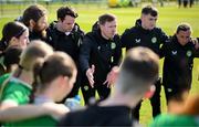 23 April 2024; Republic of Ireland manager Tom Elmes speaks to players and staff after the women's under 16's international friendly match between Republic of Ireland and Denmark at the FAI National Training Centre in Abbotstown, Dublin. Photo by Stephen McCarthy/Sportsfile