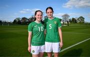 23 April 2024; Leah McGrath, left, and Chloe Wallace of Republic of Ireland after the women's under 16's international friendly match between Republic of Ireland and Denmark at the FAI National Training Centre in Abbotstown, Dublin. Photo by Stephen McCarthy/Sportsfile