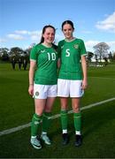 23 April 2024; Leah McGrath, left, and Chloe Wallace of Republic of Ireland after the women's under 16's international friendly match between Republic of Ireland and Denmark at the FAI National Training Centre in Abbotstown, Dublin. Photo by Stephen McCarthy/Sportsfile