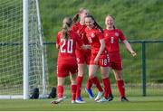 23 April 2024; Astrid Baltersen, 18, celebrates with her Denmark team-mates, from left, Ida Skræddergaard Philipsen, 20, Andrea Thierry, 7, and Albert Mott, 8, after scoring their side's goal during the women's under 16's international friendly match between Republic of Ireland and Denmark at the FAI National Training Centre in Abbotstown, Dublin. Photo by Stephen McCarthy/Sportsfile