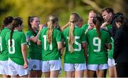 23 April 2024; Republic of Ireland manager Tom Elmes speaks to his players during a break in play during the women's under 16's international friendly match between Republic of Ireland and Denmark at the FAI National Training Centre in Abbotstown, Dublin. Photo by Stephen McCarthy/Sportsfile