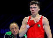 24 April 2024; Adam Hession of Ireland after his Men's 57kg Featherweight quarter-final bout against Eduard Savvin of Russia during the 2024 European Boxing Championships at Aleksandar Nikolic Hall in Belgrade, Serbia. Photo by Nikola Krstic/Sportsfile