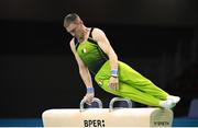 24 April 2024; Adam Steele of Ireland competes in the  Men's Pommel Horse Exercise qualification subdivision 3 on day one of the 2024 Men's Artistic Gymnastics European Championships at Fiera di Rimini in Rimini, Italy. Photo by Filippo Tomasi/Sportsfile