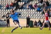 23 April 2024; Paul Reynolds Hand of Dublin has a shot at goal during the EirGrid Leinster GAA Football U20 Championship semi-final match between Dublin and Louth at Parnell Park in Dublin. Photo by Sam Barnes/Sportsfile
