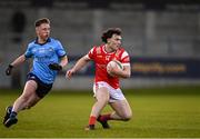 23 April 2024; Sean Reynolds of Louth in action against James Brady of Dublin during the EirGrid Leinster GAA Football U20 Championship semi-final match between Dublin and Louth at Parnell Park in Dublin. Photo by Sam Barnes/Sportsfile