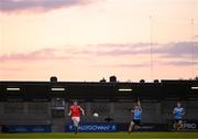 23 April 2024; Sean Callaghan of Louth in action against Paul Reynolds Hand, left, and Greg McEneaney of Dublin during the EirGrid Leinster GAA Football U20 Championship semi-final match between Dublin and Louth at Parnell Park in Dublin. Photo by Sam Barnes/Sportsfile