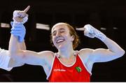 25 April 2024; Shannon Sweeney of Ireland is declared the winner after her Women's 50kg Light Flyweight semi-final bout against Anush Grigoryan of Armenia during the 2024 European Boxing Championships at Aleksandar Nikolic Hall in Belgrade, Serbia. Photo by Nikola Krstic/Sportsfile