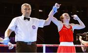 25 April 2024; Shannon Sweeney of Ireland is declared the winner after her Women's 50kg Light Flyweight semi-final bout against Anush Grigoryan of Armenia during the 2024 European Boxing Championships at Aleksandar Nikolic Hall in Belgrade, Serbia. Photo by Nikola Krstic/Sportsfile