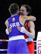 25 April 2024; Kellie Harrington of Ireland, right, embraces Natalia Shadrina of Serbia after losing to her in their Women's 60kg Lightweight semi-final bout during the 2024 European Boxing Championships at Aleksandar Nikolic Hall in Belgrade, Serbia. Photo by Nikola Krstic/Sportsfile