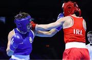25 April 2024; Kellie Harrington of Ireland, right, in action against Natalia Shadrina of Serbia in their Women's 60kg Lightweight semi-final bout during the 2024 European Boxing Championships at Aleksandar Nikolic Hall in Belgrade, Serbia. Photo by Nikola Krstic/Sportsfile