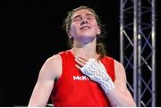 25 April 2024; Aoife O'Rourke of Ireland reacts after defeating Isildar Busra of Turkey in their Women's 75kg Middleweight semi-final bout during the 2024 European Boxing Championships at Aleksandar Nikolic Hall in Belgrade, Serbia. Photo by Nikola Krstic/Sportsfile