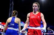 25 April 2024; Aoife O'Rourke of Ireland after her Women's 75kg Middleweight semi-final bout against Isildar Busra of Turkey during the 2024 European Boxing Championships at Aleksandar Nikolic Hall in Belgrade, Serbia. Photo by Nikola Krstic/Sportsfile