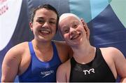 25 April 2024; Joint race winner Nicole Turner, left, and third place Dearbhaile Brady of Ireland after the Women's 50m Freestyle S6 Final during day five of the Para Swimming European Championships at the Penteada Olympic Pools Complex in Funchal, Portugal. Photo by Ramsey Cardy/Sportsfile