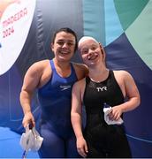 25 April 2024; Joint race winner Nicole Turner, left, and third place Dearbhaile Brady of Ireland after the Women's 50m Freestyle S6 Final during day five of the Para Swimming European Championships at the Penteada Olympic Pools Complex in Funchal, Portugal. Photo by Ramsey Cardy/Sportsfile